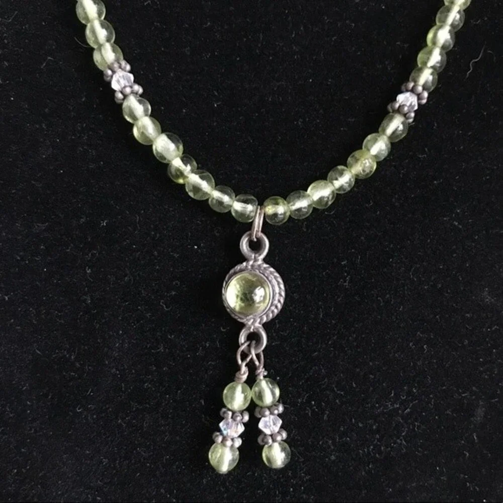 Vintage Handmade Genuine Peridot Swarovski Crystal Sterling Silver Pendant 16 In